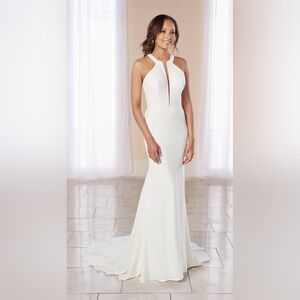 Ivory Crepe Sheath Halter Plunge Open Back Wedding Dress